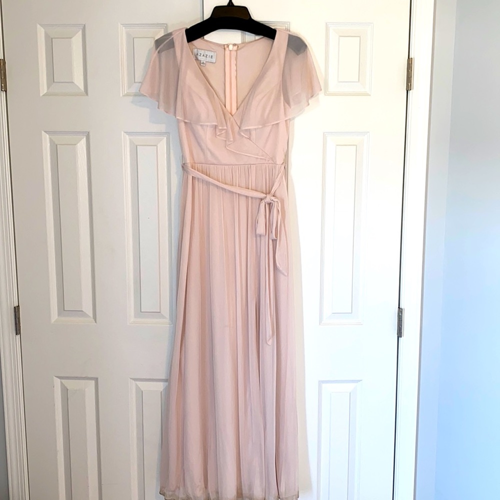 Azazie Jael blush v neck long dress with slit A6